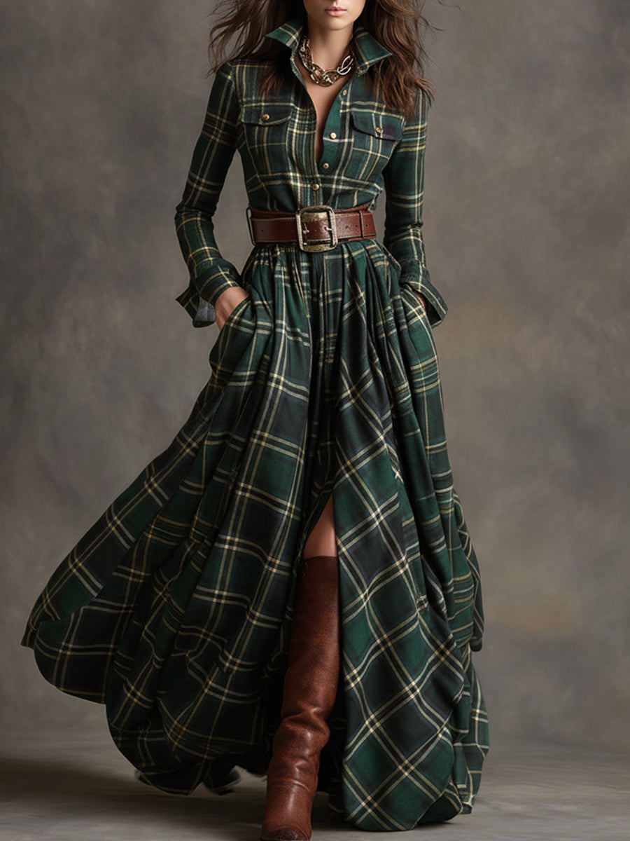 Autumn | Women's Plaid Belted Shirt Dress