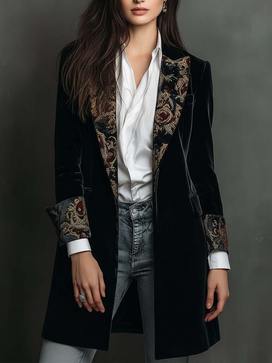 Celine | Women's Black Velvet Longline Baroque Blazer