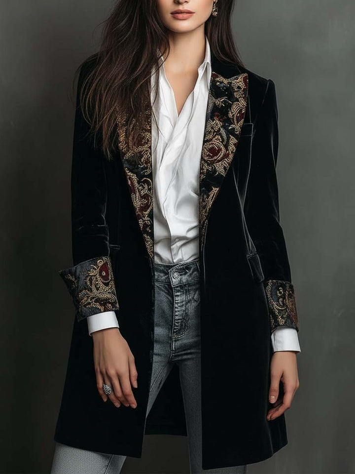 Celine | Women's Black Velvet Longline Baroque Blazer
