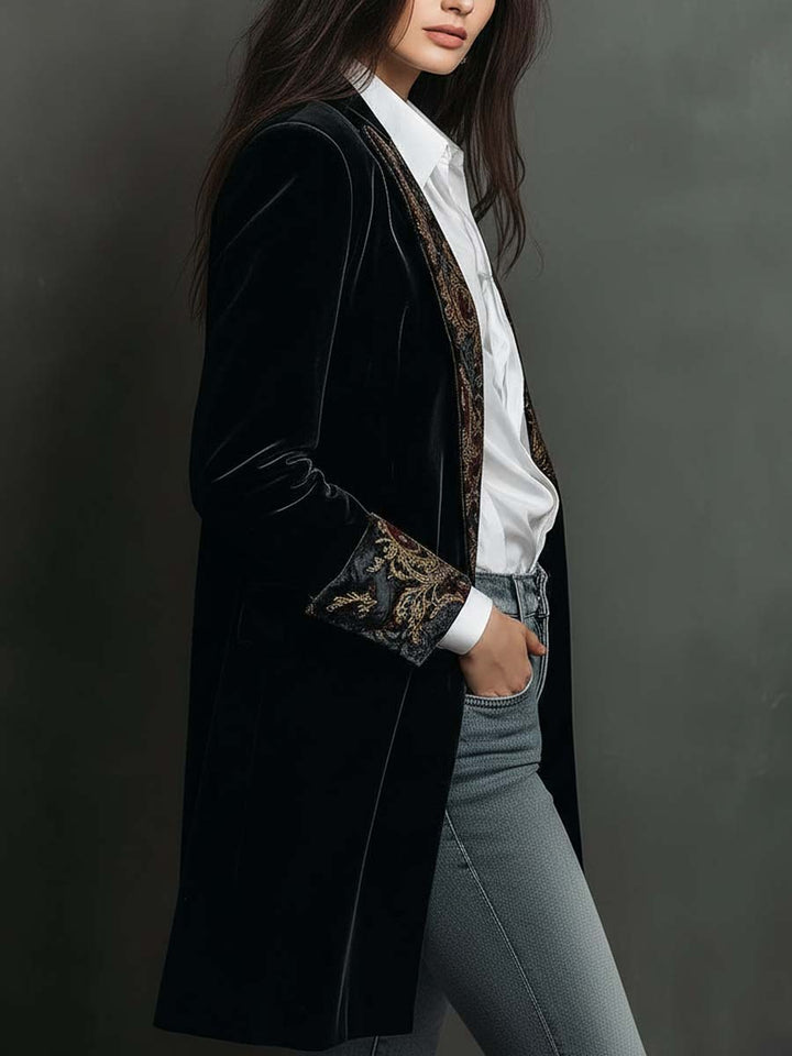 Celine | Women's Black Velvet Longline Baroque Blazer