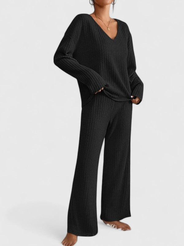 Delia | Women's Ribbed Knit Wide-Leg Lounge Set
