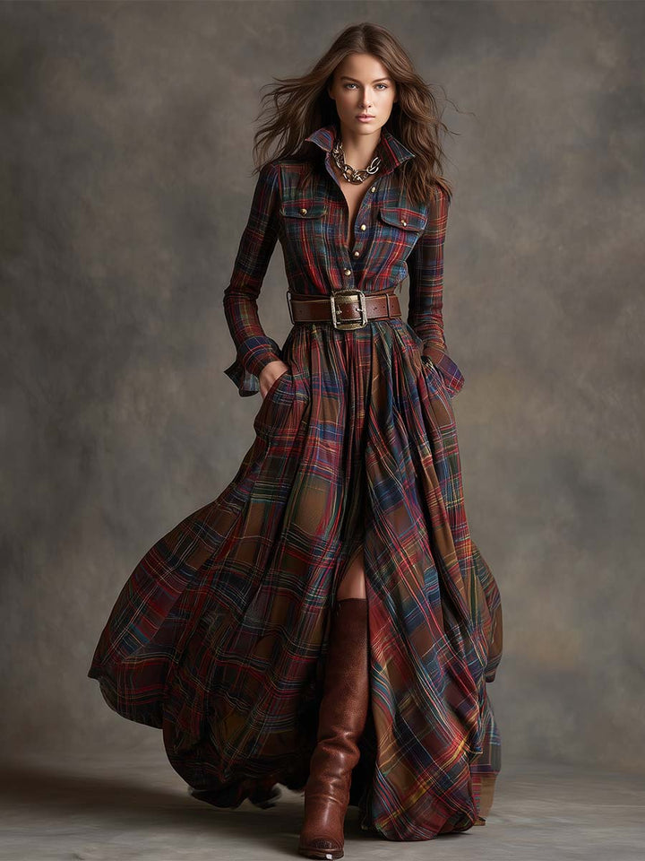 Autumn | Women's Plaid Belted Shirt Dress