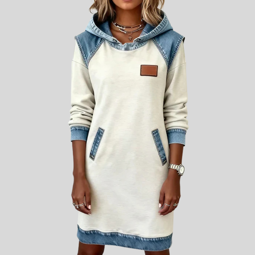 Valerie | Women's Denim Panel Hooded Sweatshirt Dress