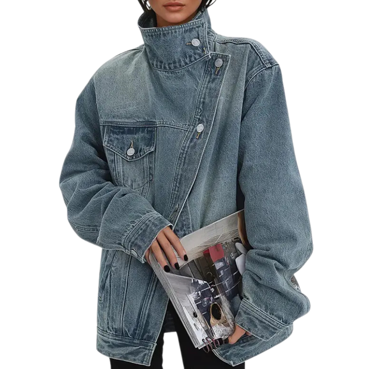 Sybil | Women's Asymmetric High Collar Denim Jacket
