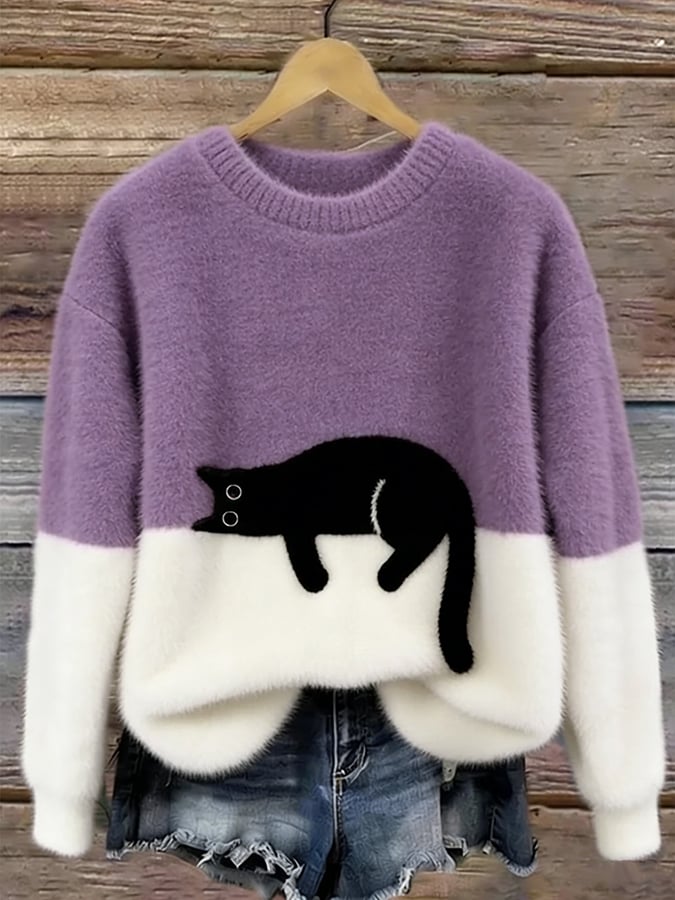 Corinne | Women's Cat Graphic Color Block Sweater