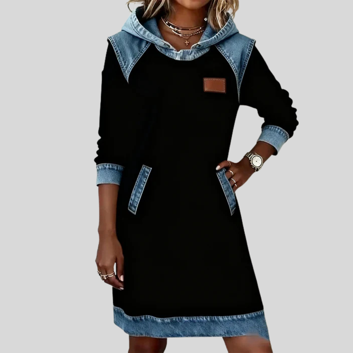Valerie | Women's Denim Panel Hooded Sweatshirt Dress