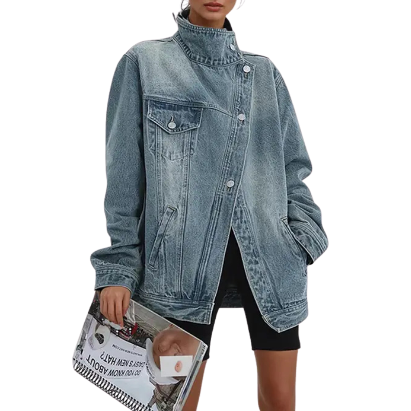 Sybil | Women's Asymmetric High Collar Denim Jacket