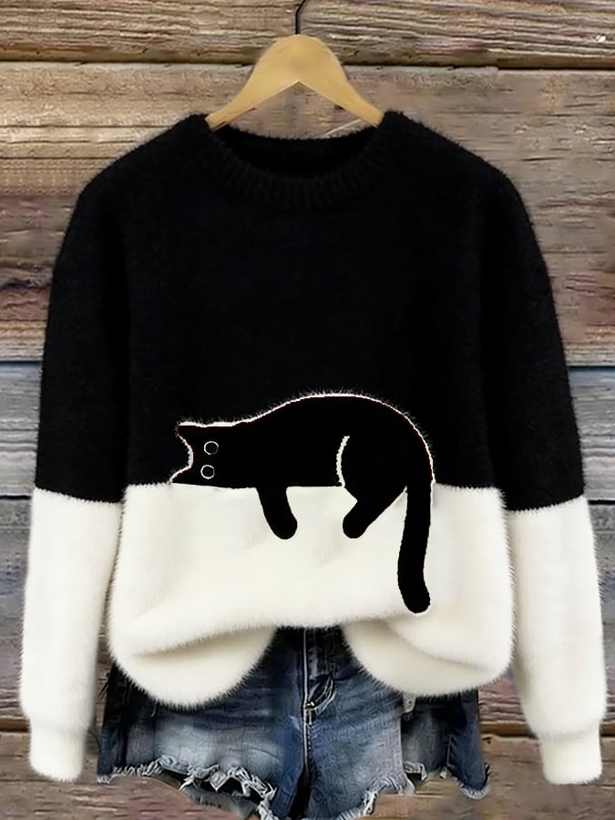 Corinne | Women's Cat Graphic Color Block Sweater