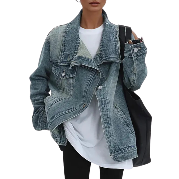 Sybil | Women's Asymmetric High Collar Denim Jacket