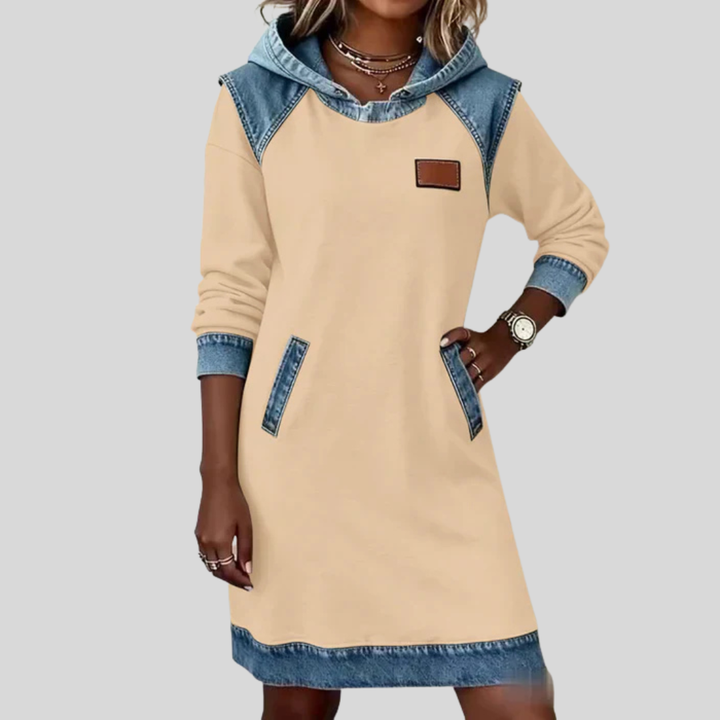 Valerie | Women's Denim Panel Hooded Sweatshirt Dress