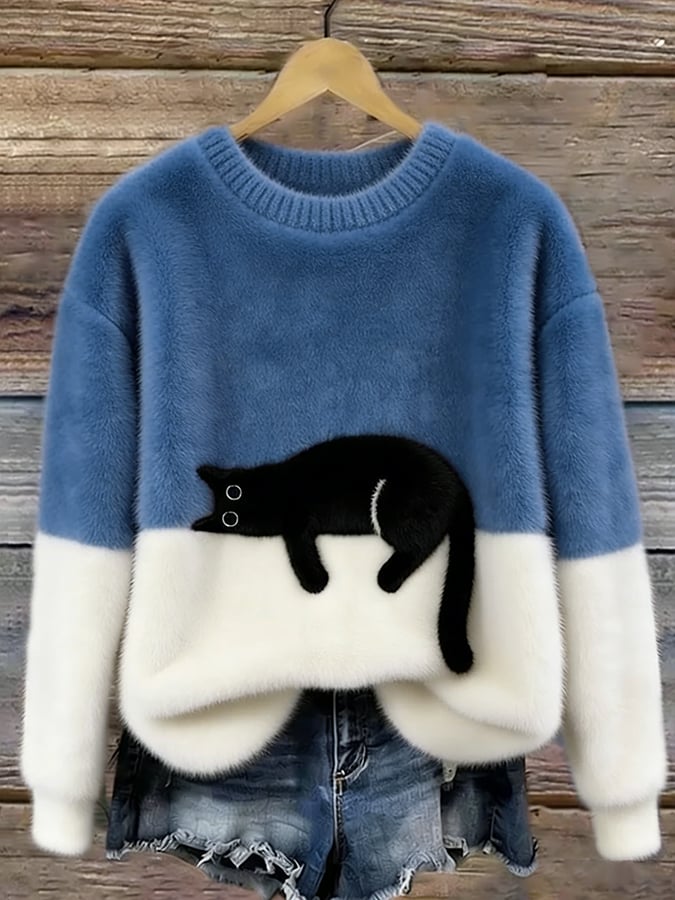 Corinne | Women's Cat Graphic Color Block Sweater