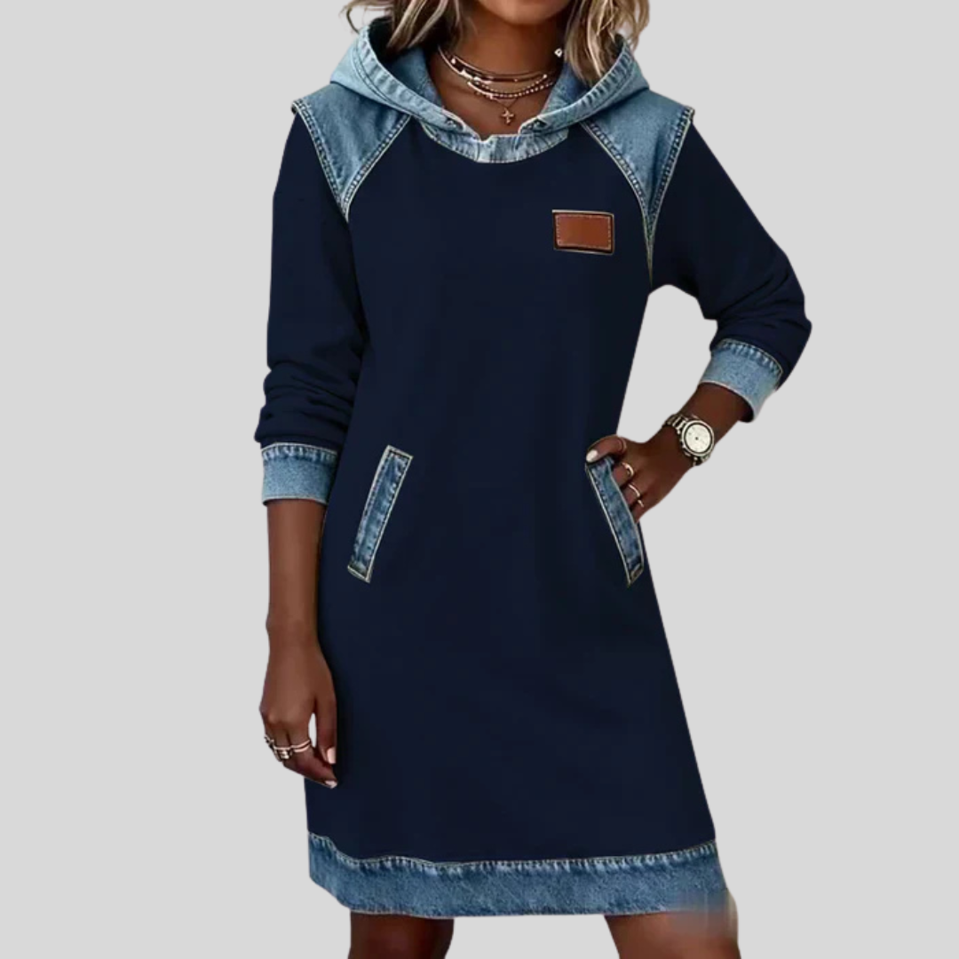 Valerie | Women's Denim Panel Hooded Sweatshirt Dress