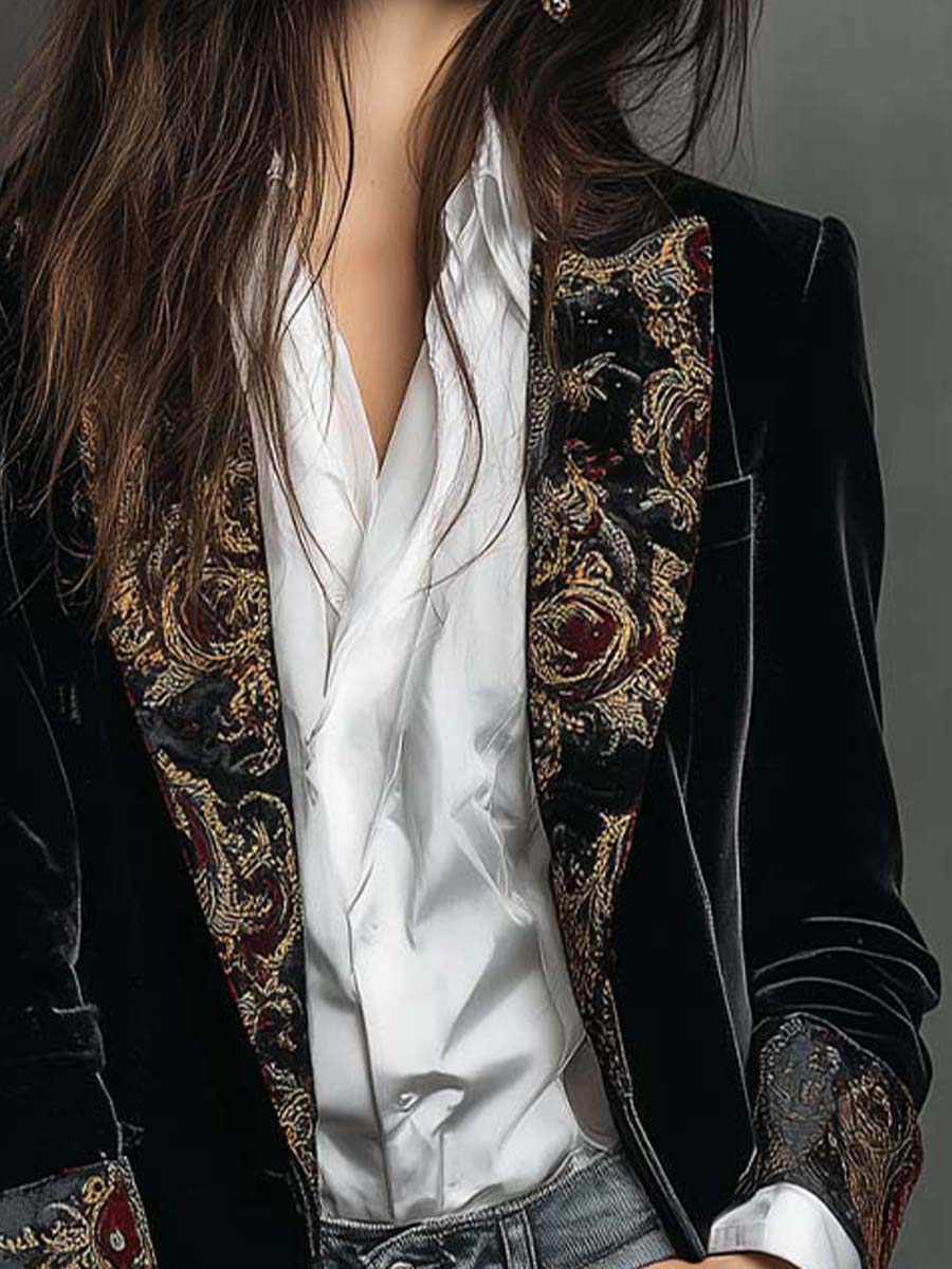 Celine | Women's Black Velvet Longline Baroque Blazer