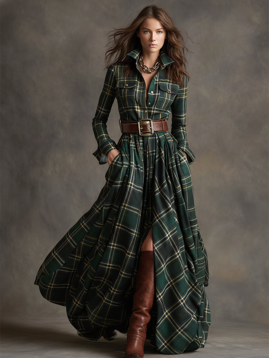 Autumn | Women's Plaid Belted Shirt Dress