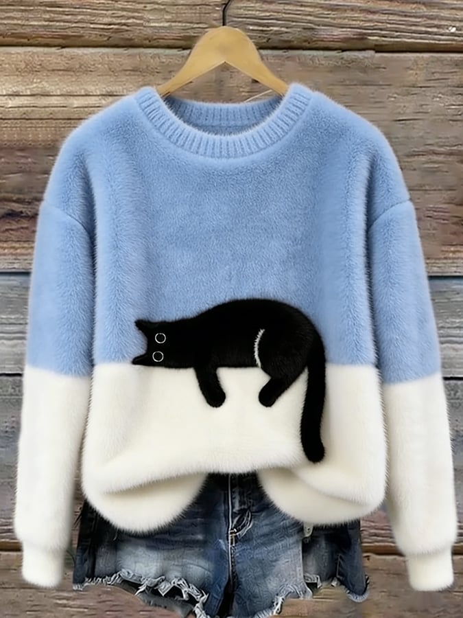 Corinne | Women's Cat Graphic Color Block Sweater