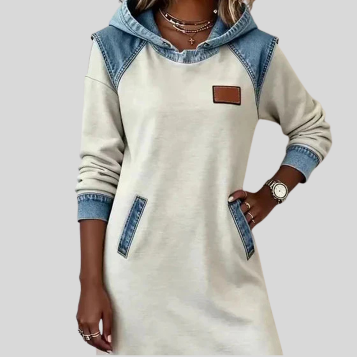 Valerie | Women's Denim Panel Hooded Sweatshirt Dress
