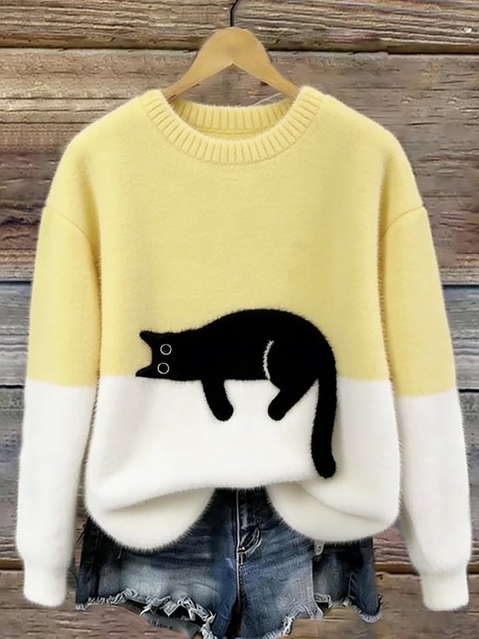 Corinne | Women's Cat Graphic Color Block Sweater