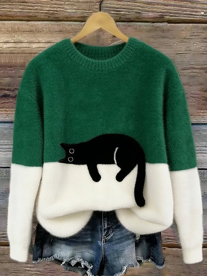 Corinne | Women's Cat Graphic Color Block Sweater