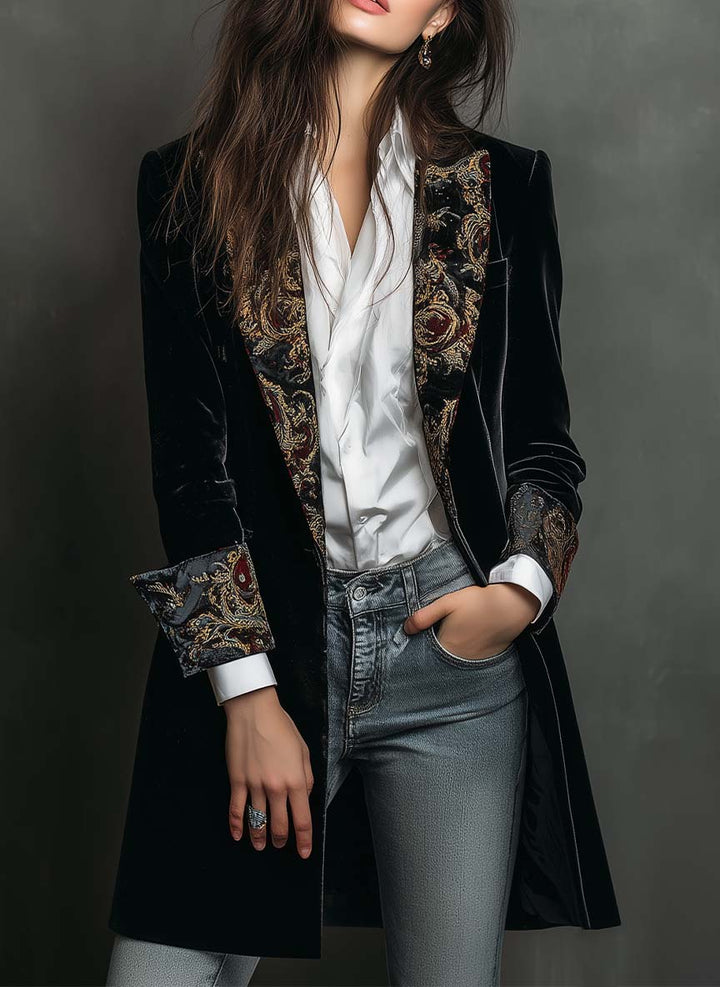 Celine | Women's Black Velvet Longline Baroque Blazer