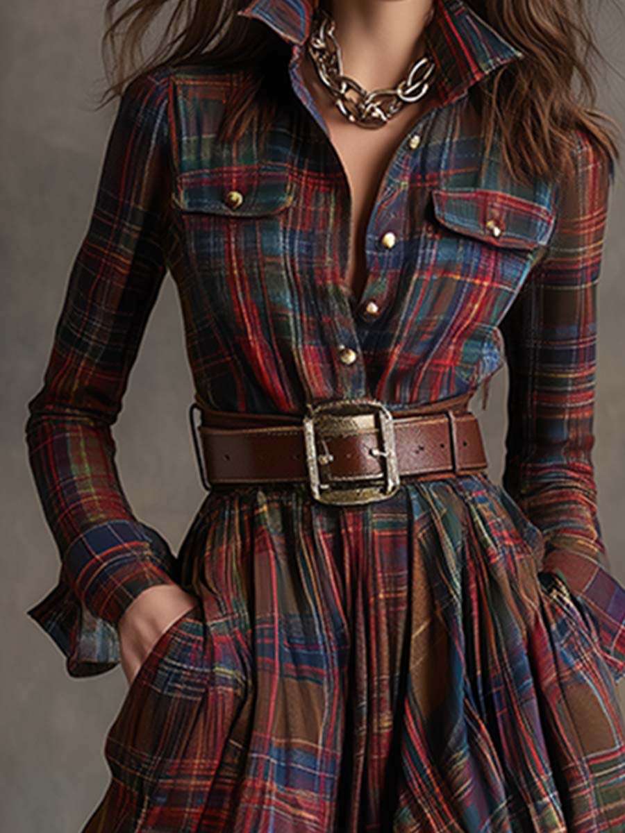 Autumn | Women's Plaid Belted Shirt Dress