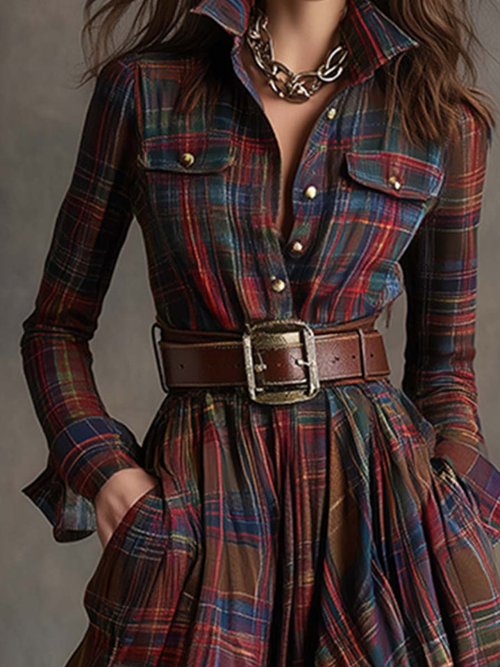 Autumn | Women's Plaid Belted Shirt Dress