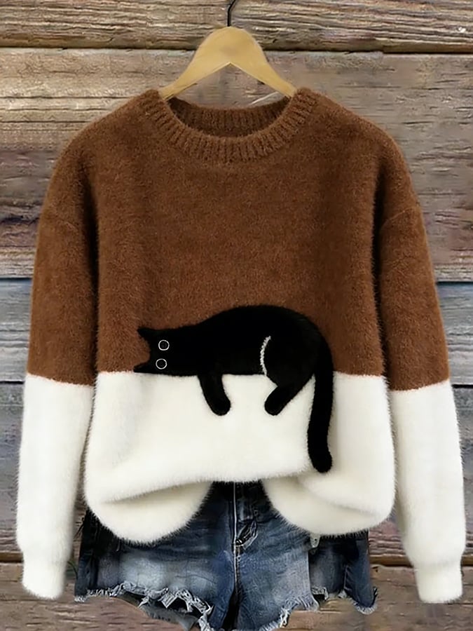 Corinne | Women's Cat Graphic Color Block Sweater