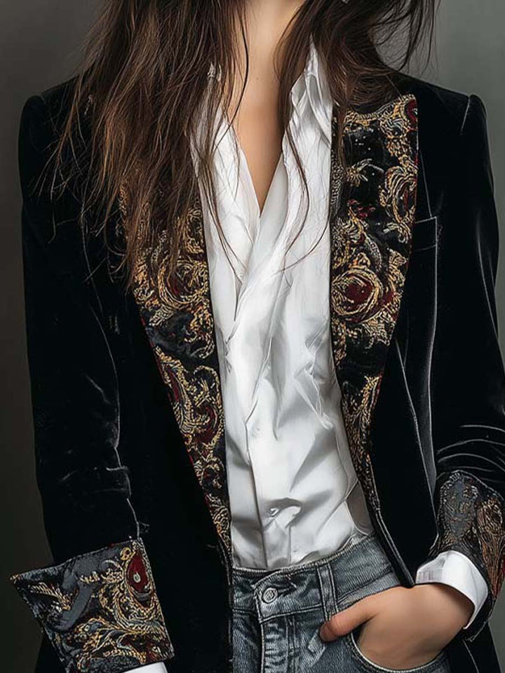 Celine | Women's Black Velvet Longline Baroque Blazer