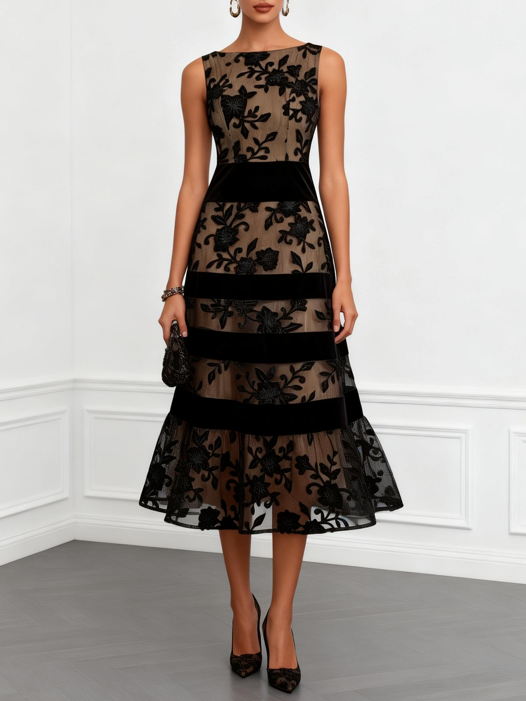 Simone | Women's Floral Mesh A-Line Midi Dress