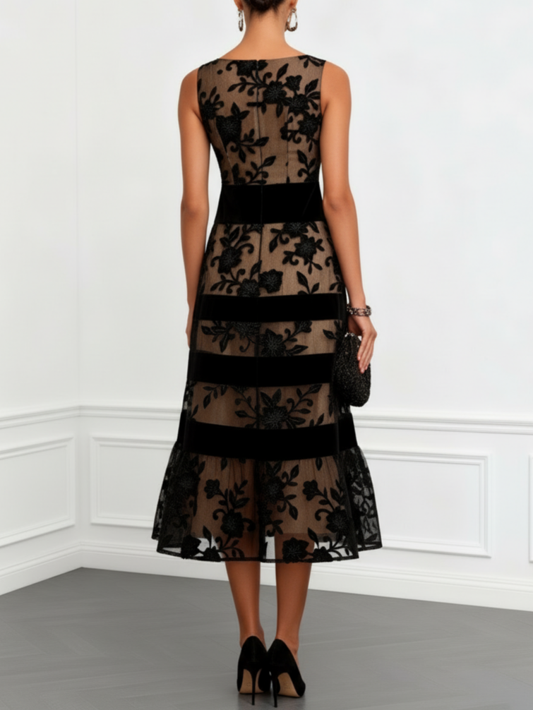 Simone | Women's Floral Mesh A-Line Midi Dress