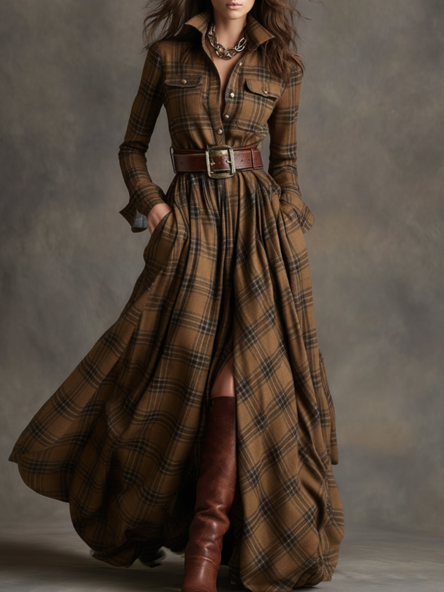 Autumn | Women's Plaid Belted Shirt Dress