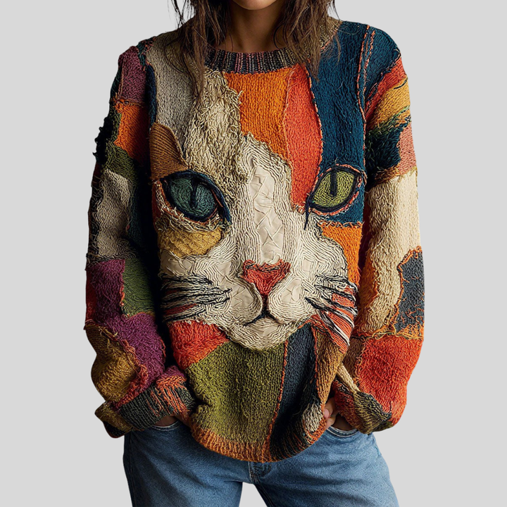 Joanne | Women's Cat Print Color Block Sweater