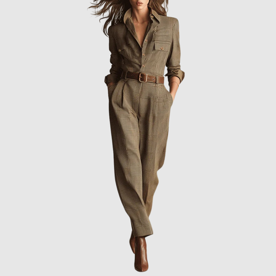 Catherine | Women's Brown Checked Utility Jumpsuit