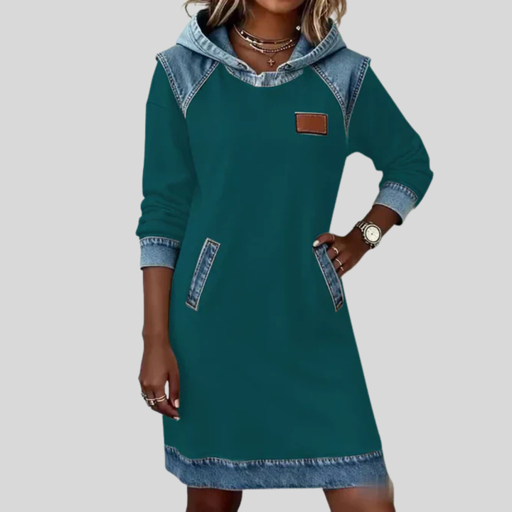 Valerie | Women's Denim Panel Hooded Sweatshirt Dress