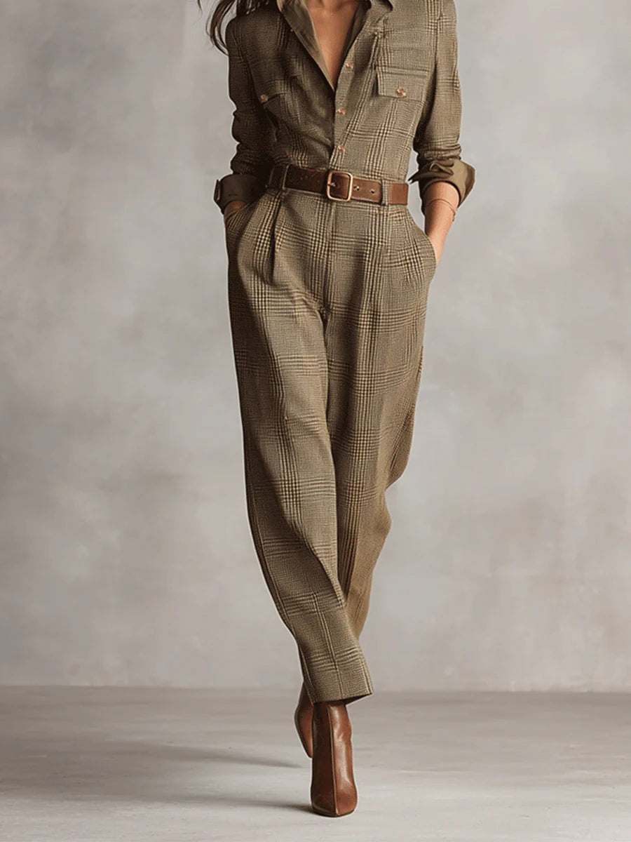 Catherine | Women's Brown Checked Utility Jumpsuit