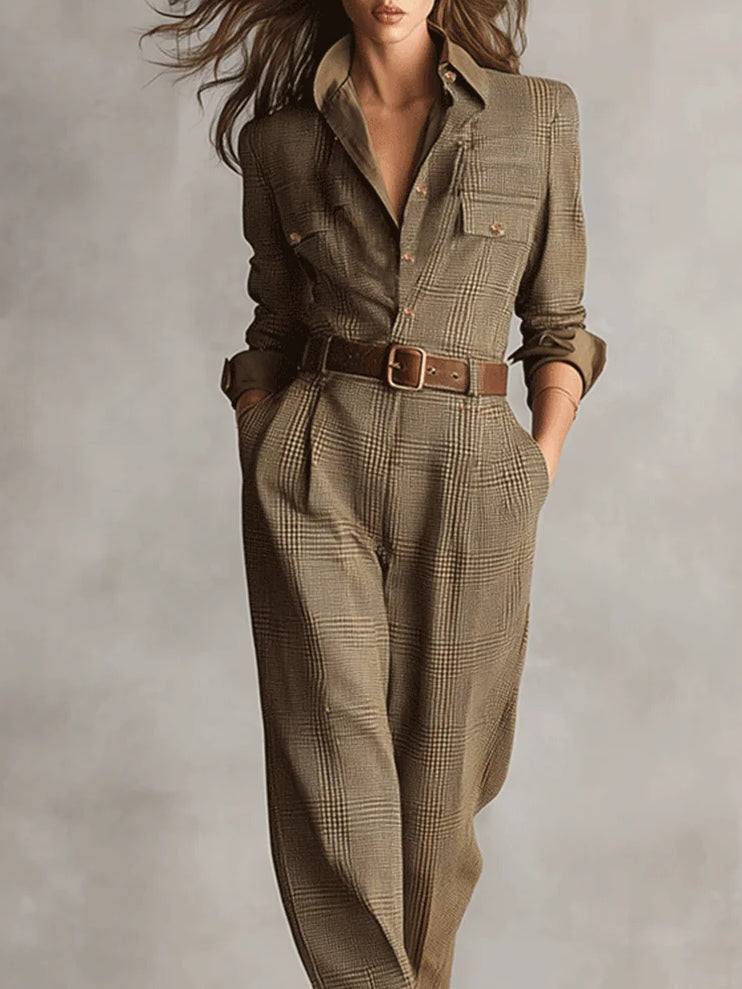 Catherine | Women's Brown Checked Utility Jumpsuit