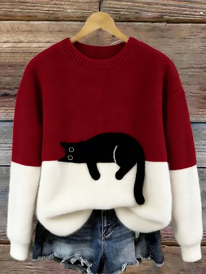 Corinne | Women's Cat Graphic Color Block Sweater