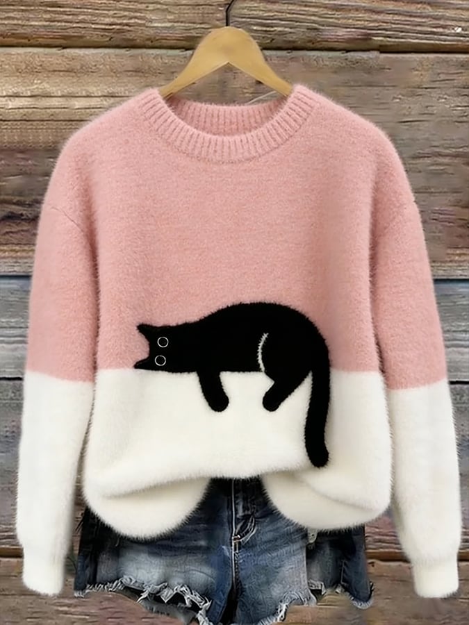 Corinne | Women's Cat Graphic Color Block Sweater