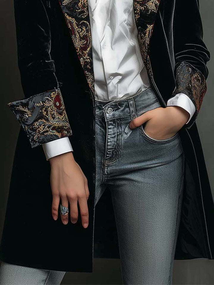 Celine | Women's Black Velvet Longline Baroque Blazer