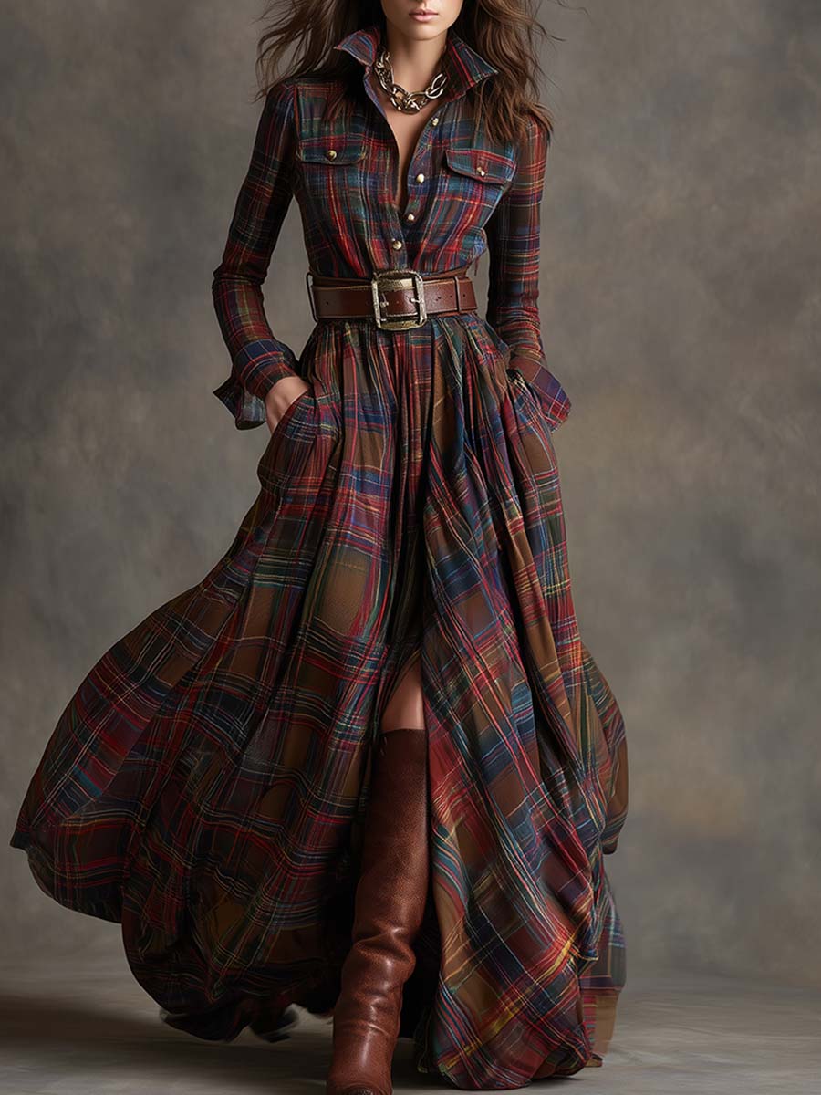 Autumn | Women's Plaid Belted Shirt Dress