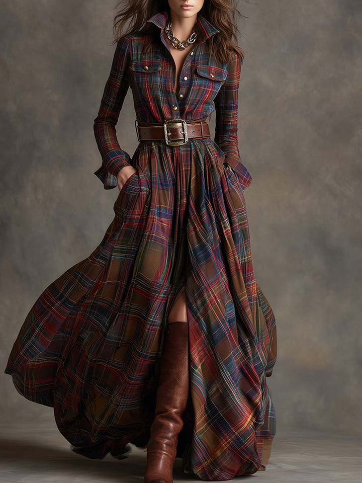 Autumn | Women's Plaid Belted Shirt Dress