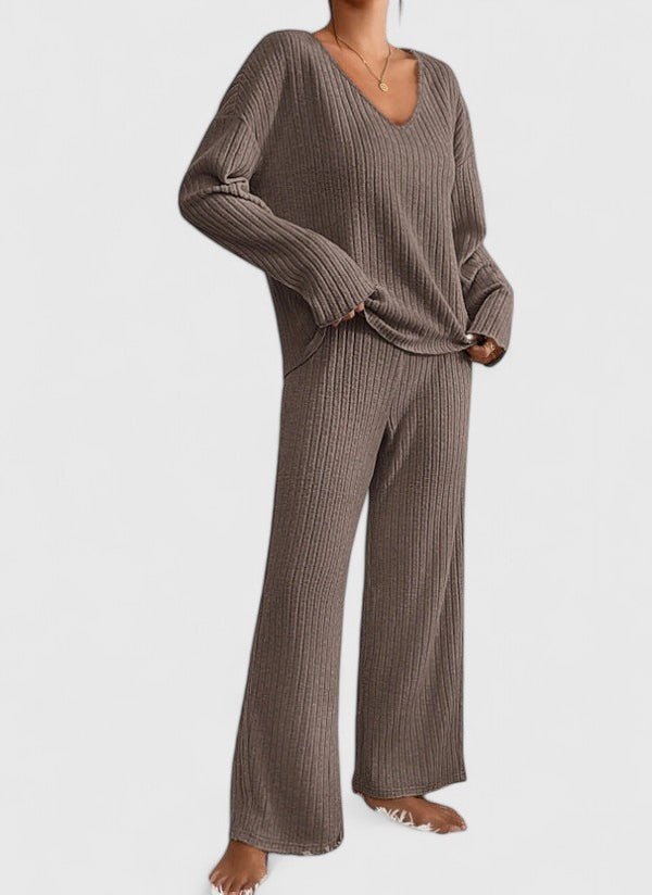 Delia | Women's Ribbed Knit Wide-Leg Lounge Set