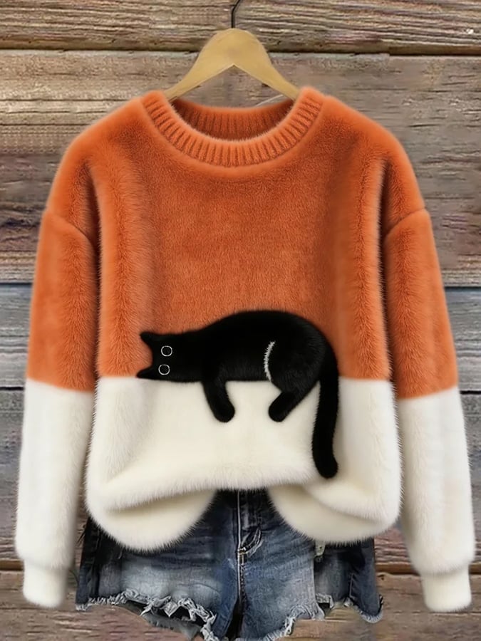 Corinne | Women's Cat Graphic Color Block Sweater