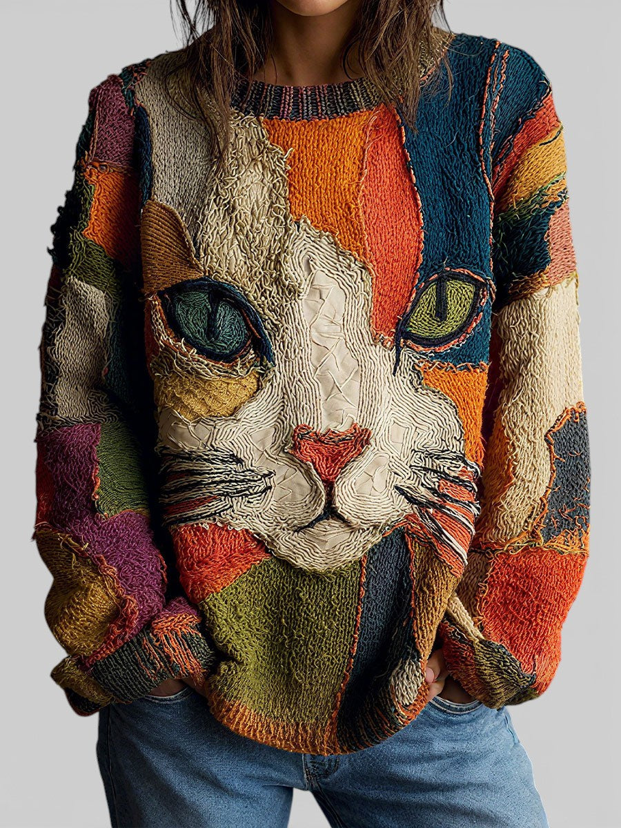 Joanne | Women's Cat Print Color Block Sweater
