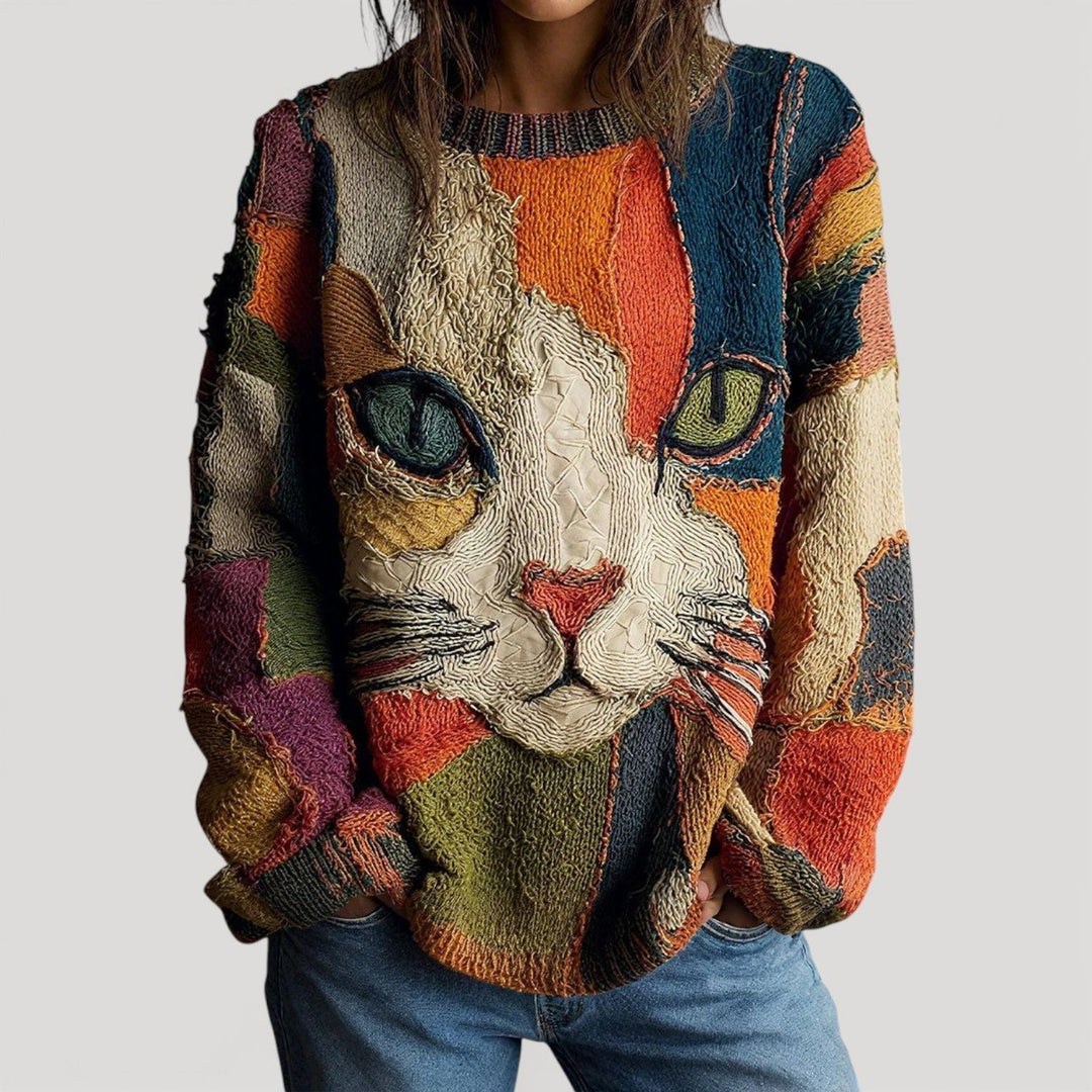 Melody | Women's Cat Print Patchwork Sweater